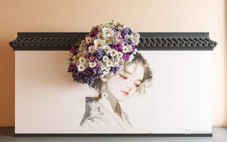 Exhibition Hall Culture Wall Featuring Female Portrait with Purple White Flowers and Black Decorative Border 3d model 