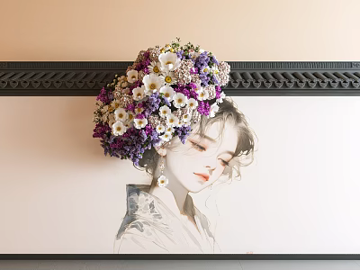 Exhibition Hall Culture Wall Featuring Female Portrait with Purple White Flowers and Black Decorative Border 3d model