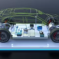 Car Wireframe Model Displaying Chassis Structure Battery System And Electric Components On Platform