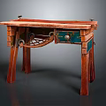 Vintage Wooden Table With Unique Decorative Legs And Green Drawer Design