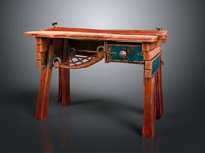 Vintage Wooden Table With Unique Decorative Legs And Green Drawer Design 3d model