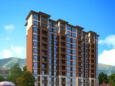 Modern Mid Rise Residential Building With Red Brick Facade Large Windows Trees And Mountain View 3d model