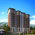 Modern Mid Rise Residential Building With Red Brick Facade Large Windows Trees And Mountain View