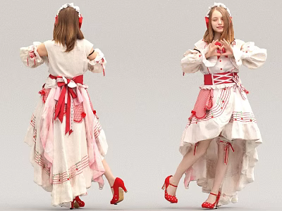 Woman In White Dress With Red Belt High Heels Decorations And Hair Accessories Front Back Views 3d model