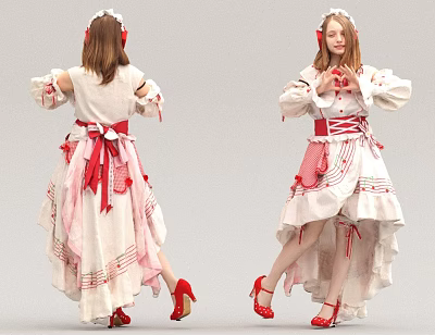 Woman In White Dress With Red Belt High Heels Decorations And Hair Accessories Front Back Views 3d model