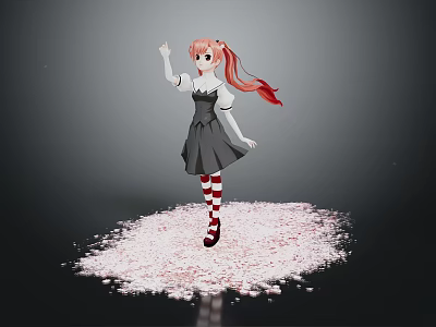 Anime Girl With Pink Hair In Black Dress Standing On Cherry Blossom Petals 3d model