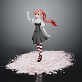 Anime Girl With Pink Hair In Black Dress Standing On Cherry Blossom Petals