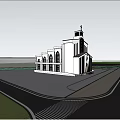 White Church Building With Cross On Top Arched Design And People Nearby