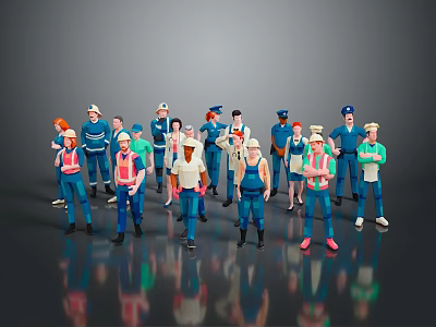 Group of Cartoon Characters in Various Professional Uniforms Standing Together Against Gray Reflective Floor 3d model
