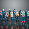 Group of Cartoon Characters in Various Professional Uniforms Standing Together Against Gray Reflective Floor