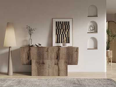Minimalist Wooden Entryway Console Table with Floor Lamp Decorative Art Wall Niches and Rug 3d model