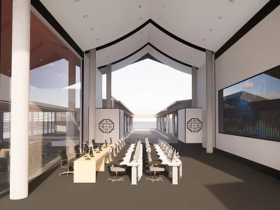 Modern Public Office Space with Long Tables Chairs Arched Ceiling and Large Glass Windows 3d model