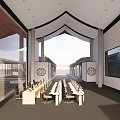 Modern Public Office Space with Long Tables Chairs Arched Ceiling and Large Glass Windows