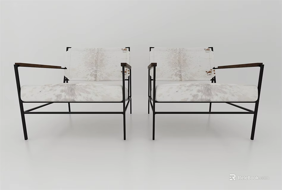Modern Single Sofas With Black Metal Frame Wooden Armrests And Light Patterned Cushions 3d model 