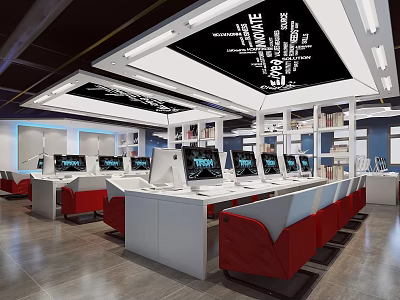 Modern Internet Cafe Interior With Red Chairs White Tables Computers And Ceiling Design 3d model