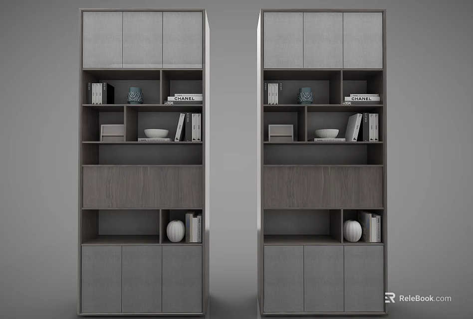 Modern Gray Decorative Cabinets With Shelves Holding Vases Books And Bowls 3d model 