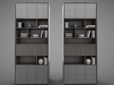 Modern Gray Decorative Cabinets With Shelves Holding Vases Books And Bowls 3d model