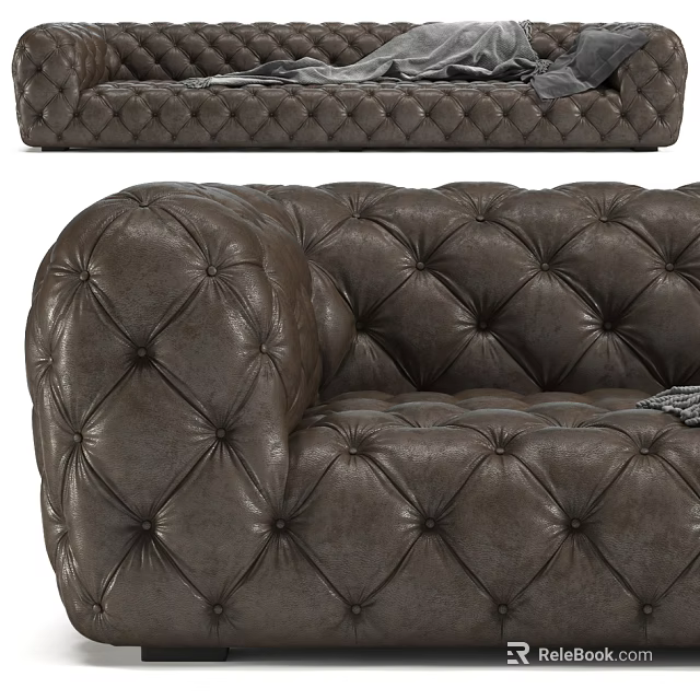 Brown Leather Tufted Sectional Sofa With Diamond Stitching And Armrest Design 3d model