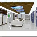 Modern Tech Lobby Interior With White Reception Desk Blue Lighting Circular Logo And Ceiling Strips 3d model