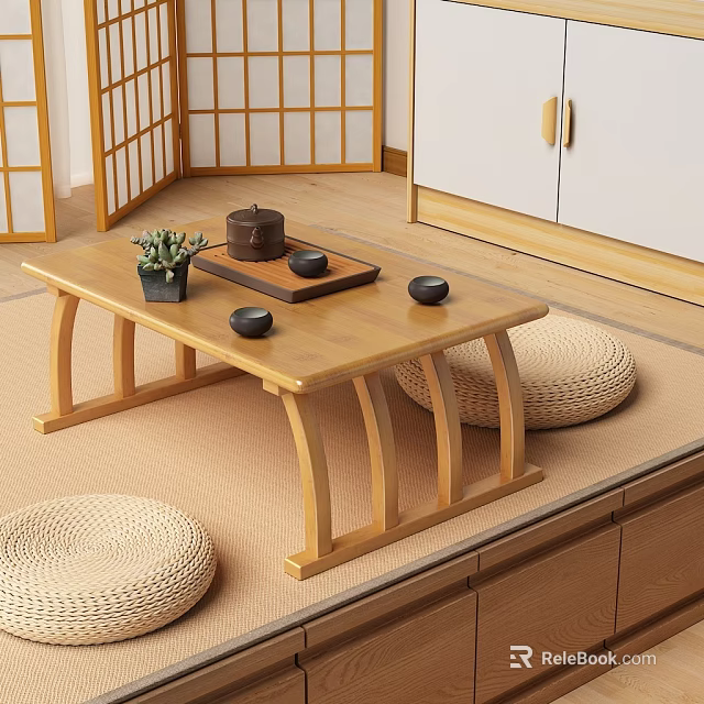 Japanese Wooden Tea Table On Tatami Mat With Teapot Tea Cups And Woven Straw Cushions 3d model 