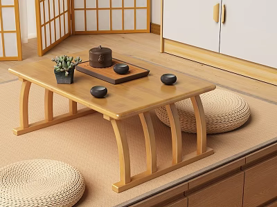 Japanese Wooden Tea Table On Tatami Mat With Teapot Tea Cups And Woven Straw Cushions 3d model
