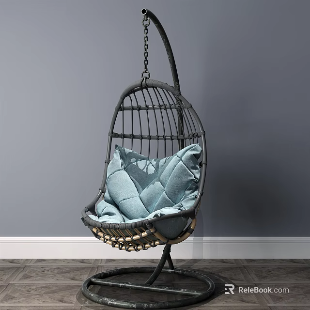 Cozy Wicker Hanging Chair With Blue Cushions Against Gray Wall And Wooden Floor 3d model 