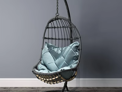 Cozy Wicker Hanging Chair With Blue Cushions Against Gray Wall And Wooden Floor 3d model