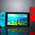 Nintendo Switch Game Console With Blue Red Controllers And Screen Showing The Legend of Zelda