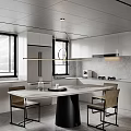 Modern Kitchen Interior With White Cabinets Island Dining Table Chairs Windows Shutters And Pendant Light