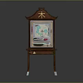 Wooden Chinese Display Cabinet with Decorative Top Glass Door Wheeled Base and Engraved Mu Character