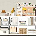 Organizational Storage Cabinet Shelf with Folders Books Handbag Woven Basket and Decorative Items