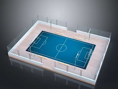 Football Court Construction With Blue Surface White Markings And Surrounding Fences 3d model