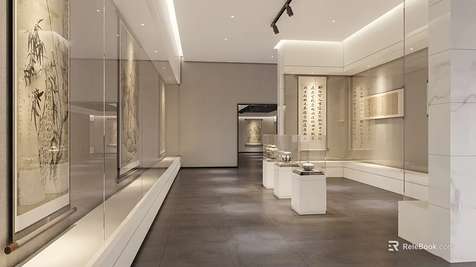 Modern Minimalist Cultural Center Exhibition Hall Featuring Calligraphy Paintings Glass Display Cases And Dark Flooring 3d model 