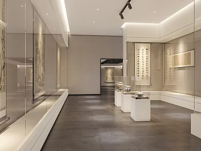 Modern Minimalist Cultural Center Exhibition Hall Featuring Calligraphy Paintings Glass Display Cases And Dark Flooring 3d model