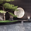 Black Wavy Pattern Feature Wall with Circular Moon Decoration Pine Tree Rocks and Small Fountain 3d model