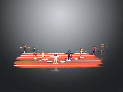 Cartoon Style Game Movie Characters on Red Running Track in Various Poses Preparing to Start 3d model