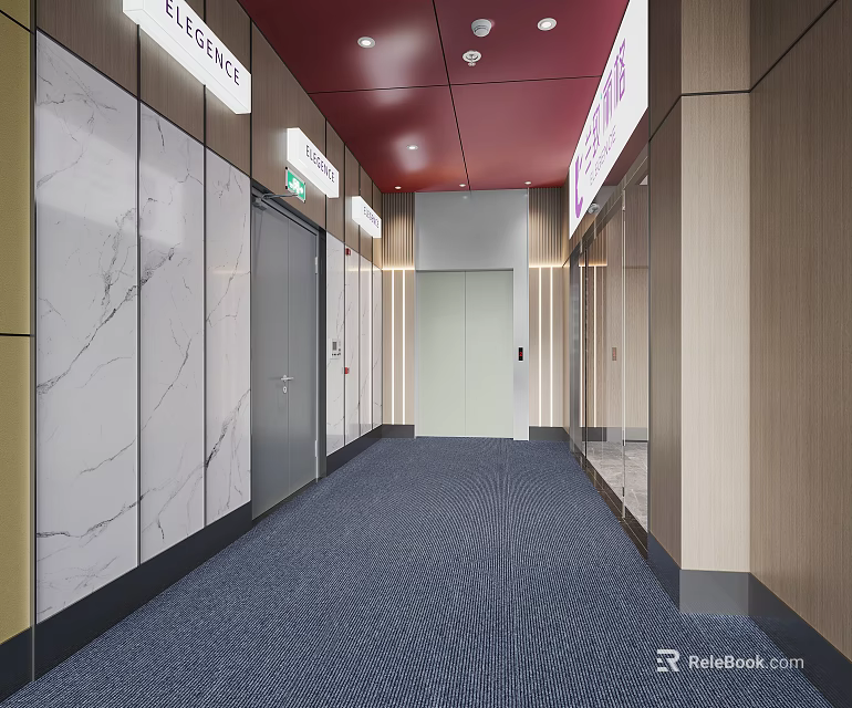 Modern Elevator Hallway With Red Ceiling Marble Walls And Blue Carpet Flooring 3d model