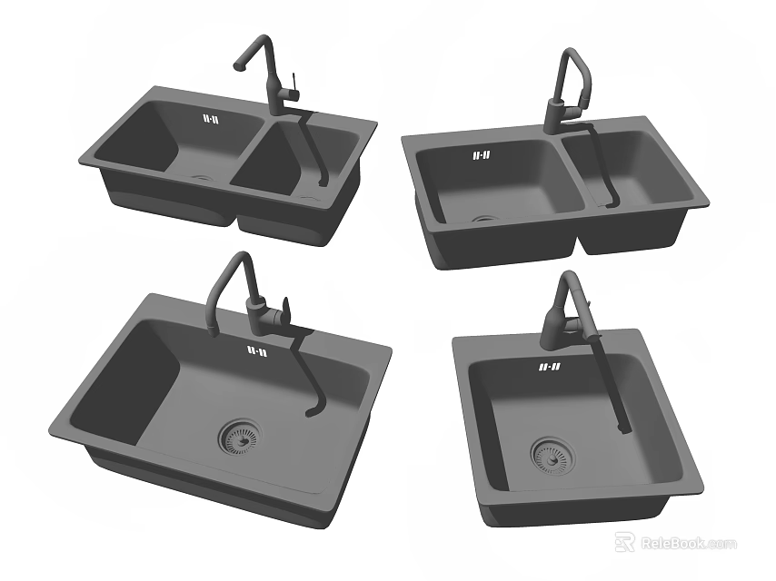 Modern Gray Stone Kitchen Sinks With Single And Double Bowl Design And Faucet 3d model 