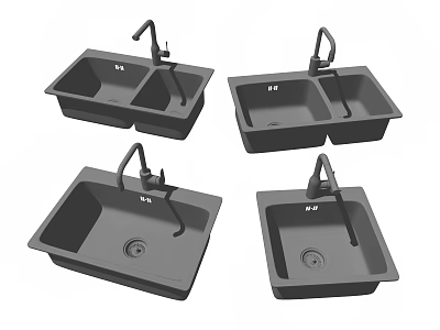 Modern Gray Stone Kitchen Sinks With Single And Double Bowl Design And Faucet 3d model