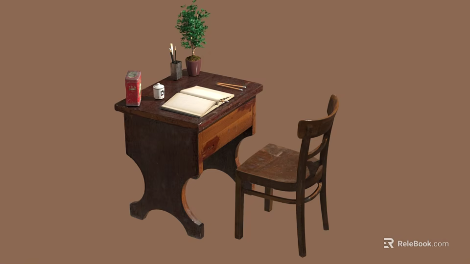 Vintage Wooden Desk And Chair With Potted Plant Red Box Cup Pens Open Notebook 3d model 