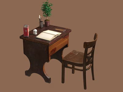 Vintage Wooden Desk And Chair With Potted Plant Red Box Cup Pens Open Notebook 3d model