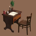 Vintage Wooden Desk And Chair With Potted Plant Red Box Cup Pens Open Notebook