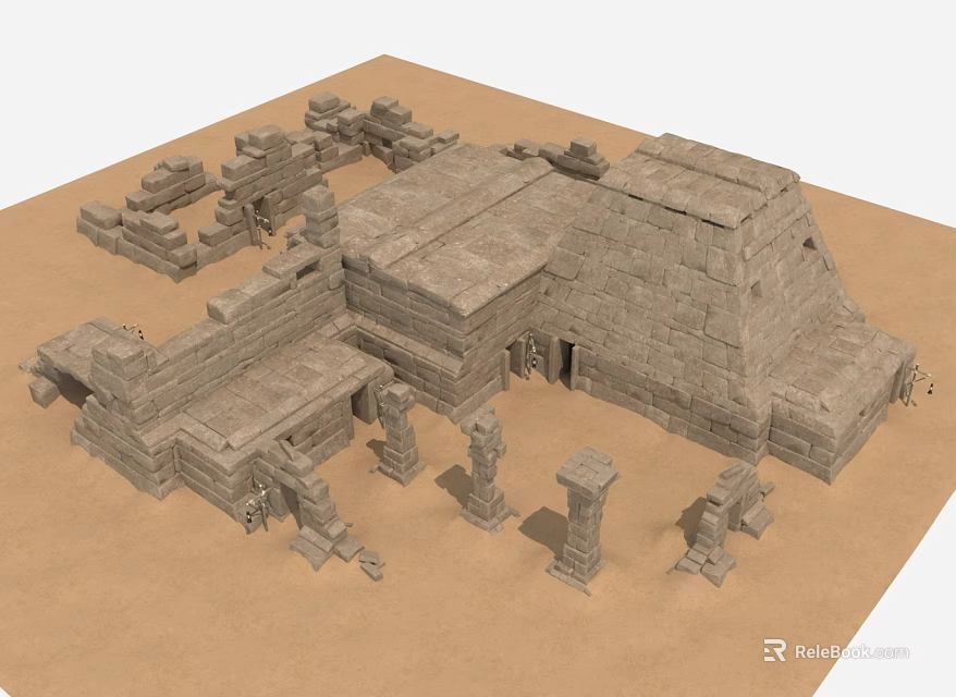 Ancient Stone Architectural Ruins with Columns and Block Structures on Sandy Terrain 3d model