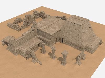 Ancient Stone Architectural Ruins with Columns and Block Structures on Sandy Terrain 3d model
