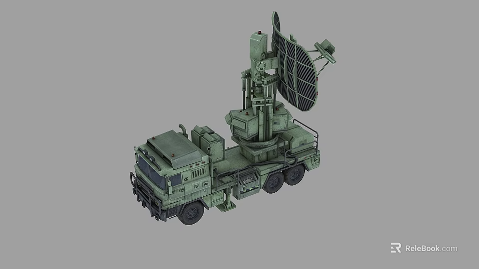 Green Military Functional Vehicle Equipped With Large Radar Antenna On Roof 3d model 
