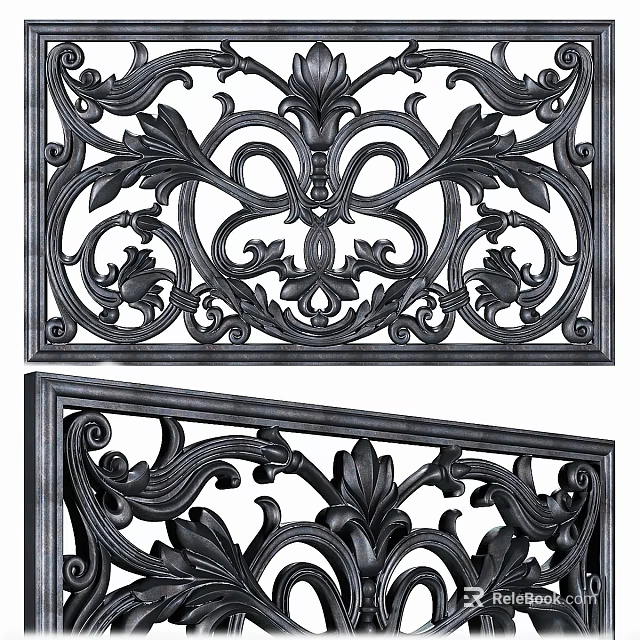 Black Carved Decorative Panels With Intricate Floral Scroll Patterns 3d model 