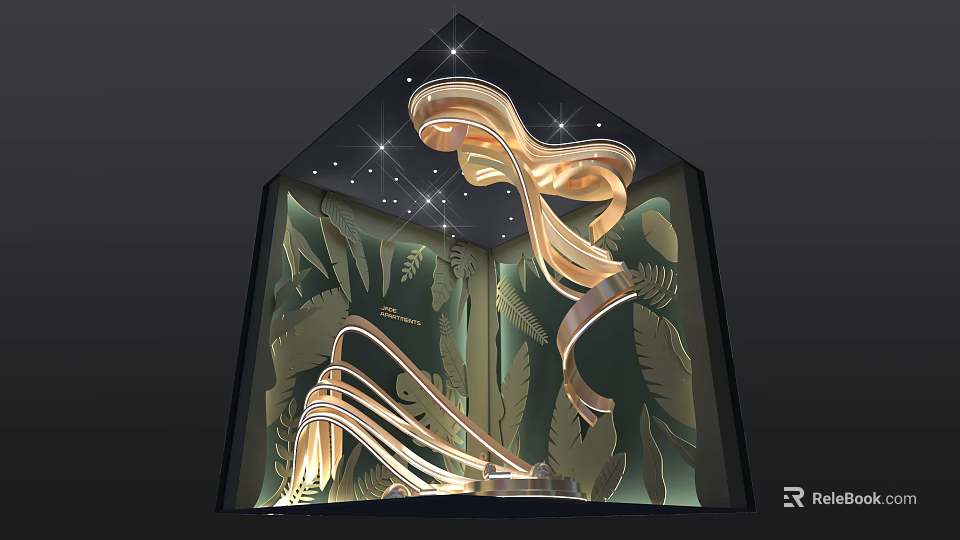 Luxurious Shop Window Display With Golden Curved Ornaments Leaf Patterns and Illuminated Star Details 3d model 