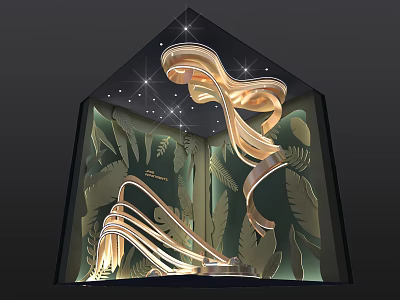 Luxurious Shop Window Display With Golden Curved Ornaments Leaf Patterns and Illuminated Star Details 3d model