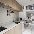 Modern Apartment Living Room With Geometric Pattern Floor Tiles Abstract Paintings Wooden Cabinets And Staircase