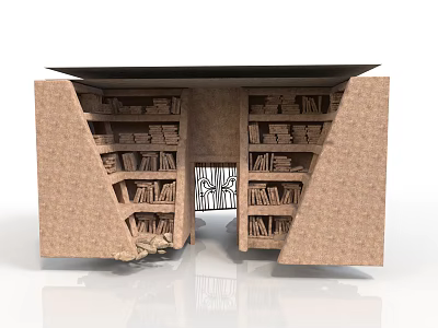 Modern Symmetric Brick Bookcase Design With Decorative Metal Gate Black Countertop Filled With Stacked Books 3d model